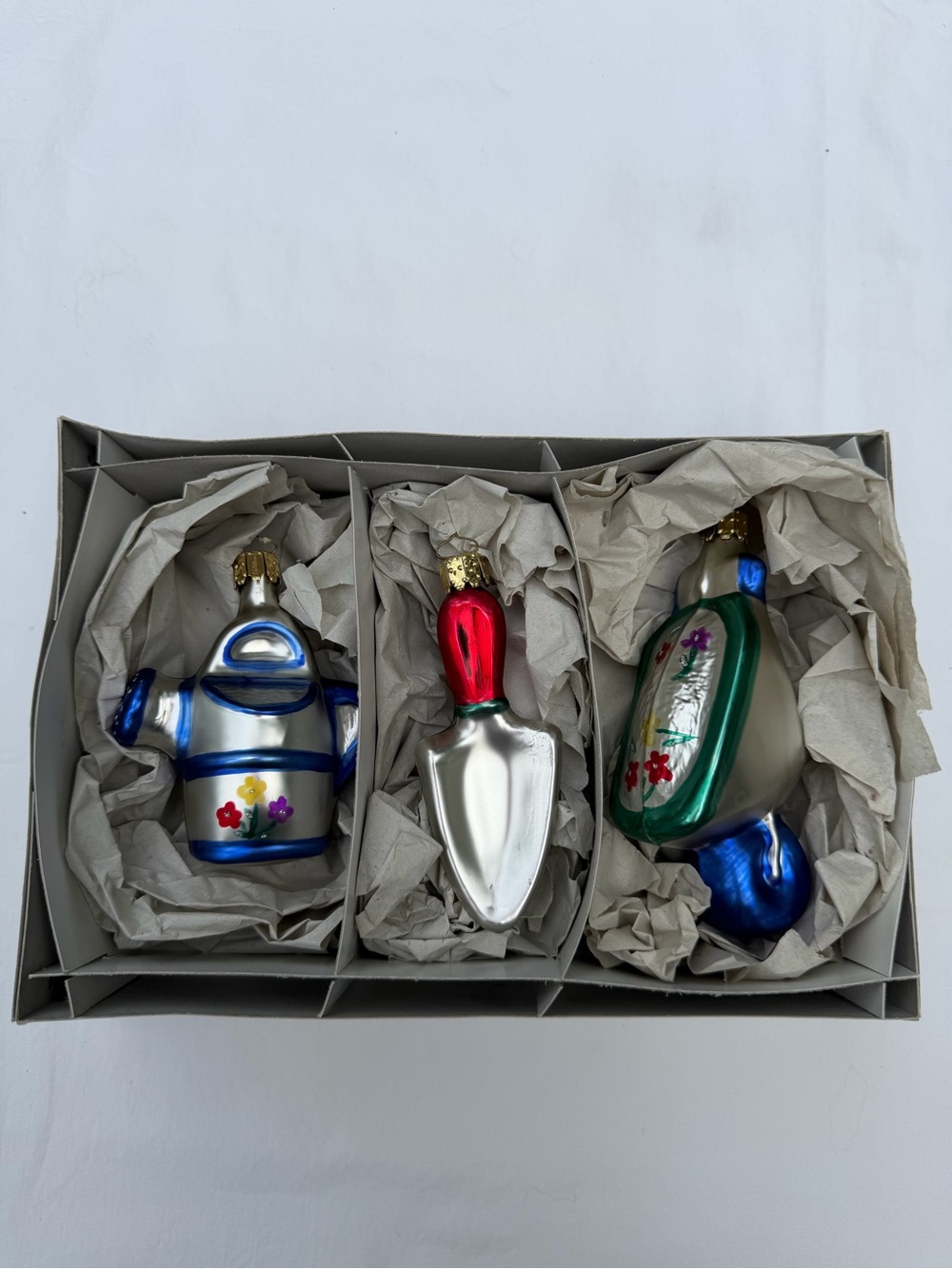 Christborn Glass Ornaments Set Gardening Tools Germany Holiday Christmas